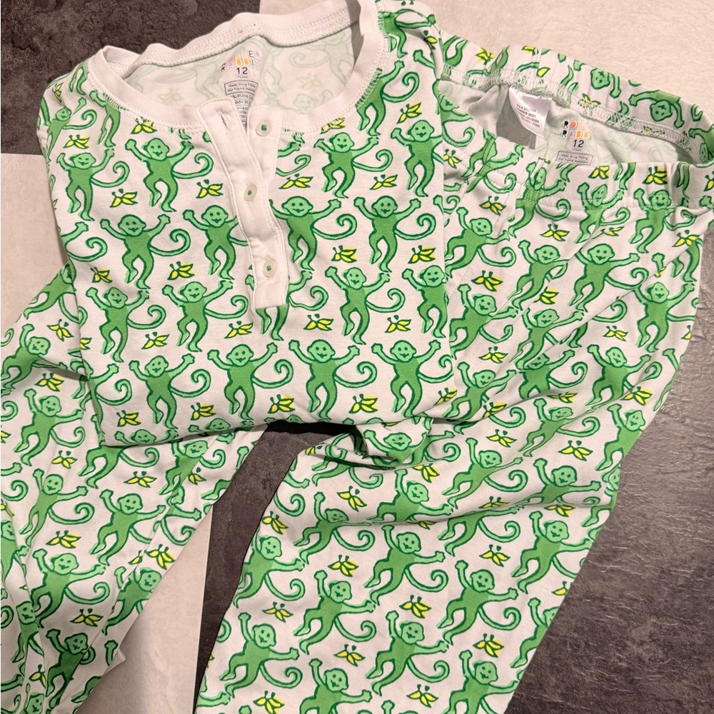 Roller Rabbit Green Monkey Print Kids Pajama Set Size 12